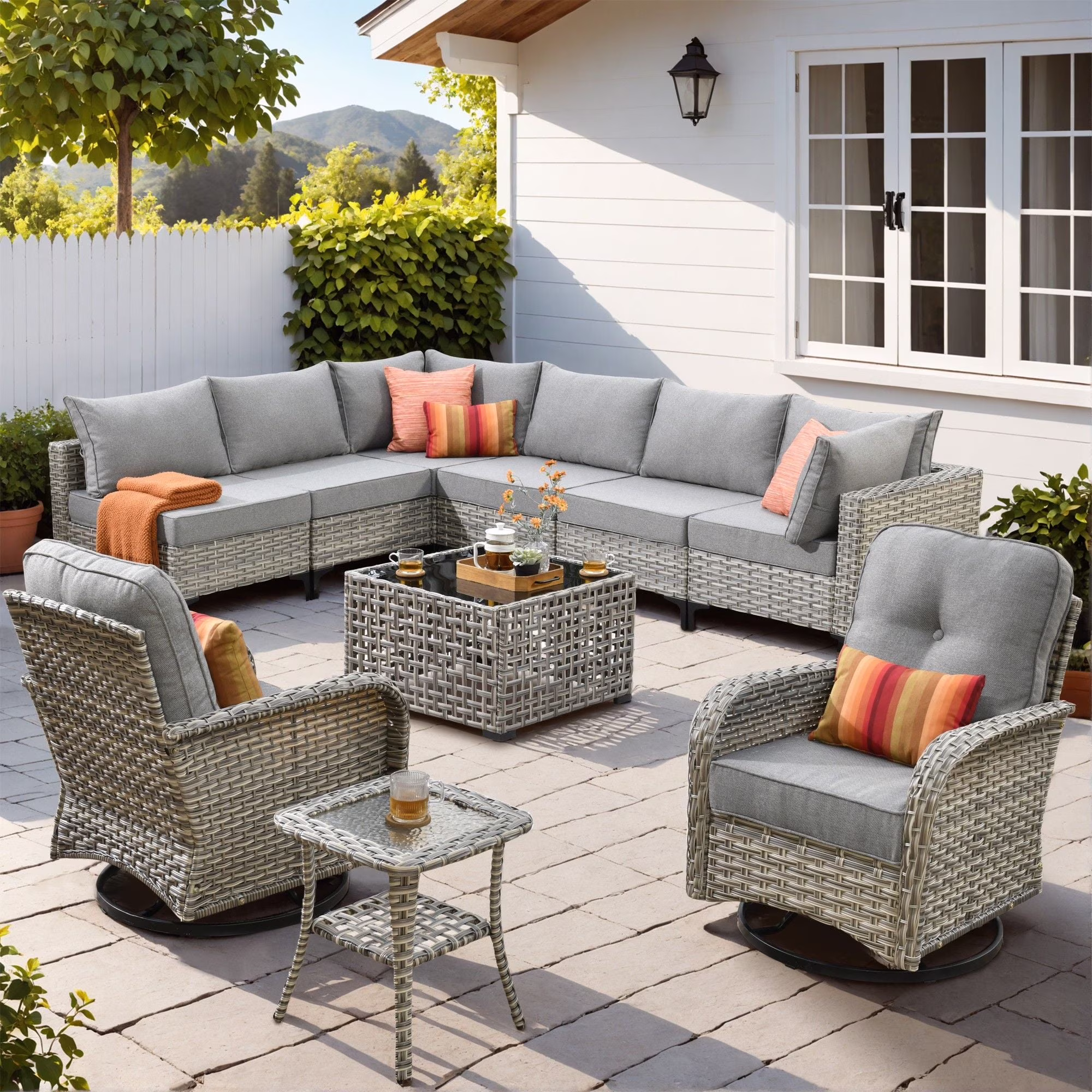 Vcatnet Outdoor Patio Furniture Sets 10 Pieces Sectional Sofa Wicker Conversation Set with Swivel Glider Chairs and Solar Powered Coffee Table for Porch,Backyard,Gray - Image 7