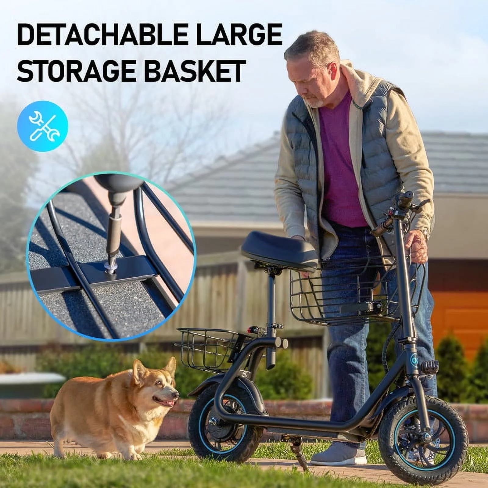 KEESTP Electric Bike with Basket for Pet, 3 Riding Modes Foldable Electric Scooter for Adults - up to 20 Miles 18.6MPH - Image 4