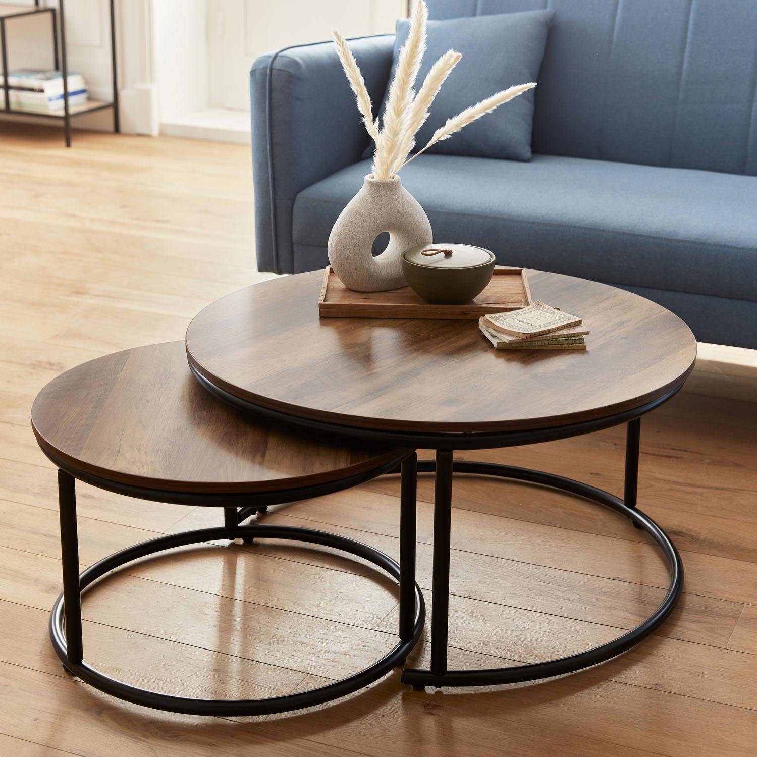 Loft - Mesa redonda nido con efecto madera, set de 2