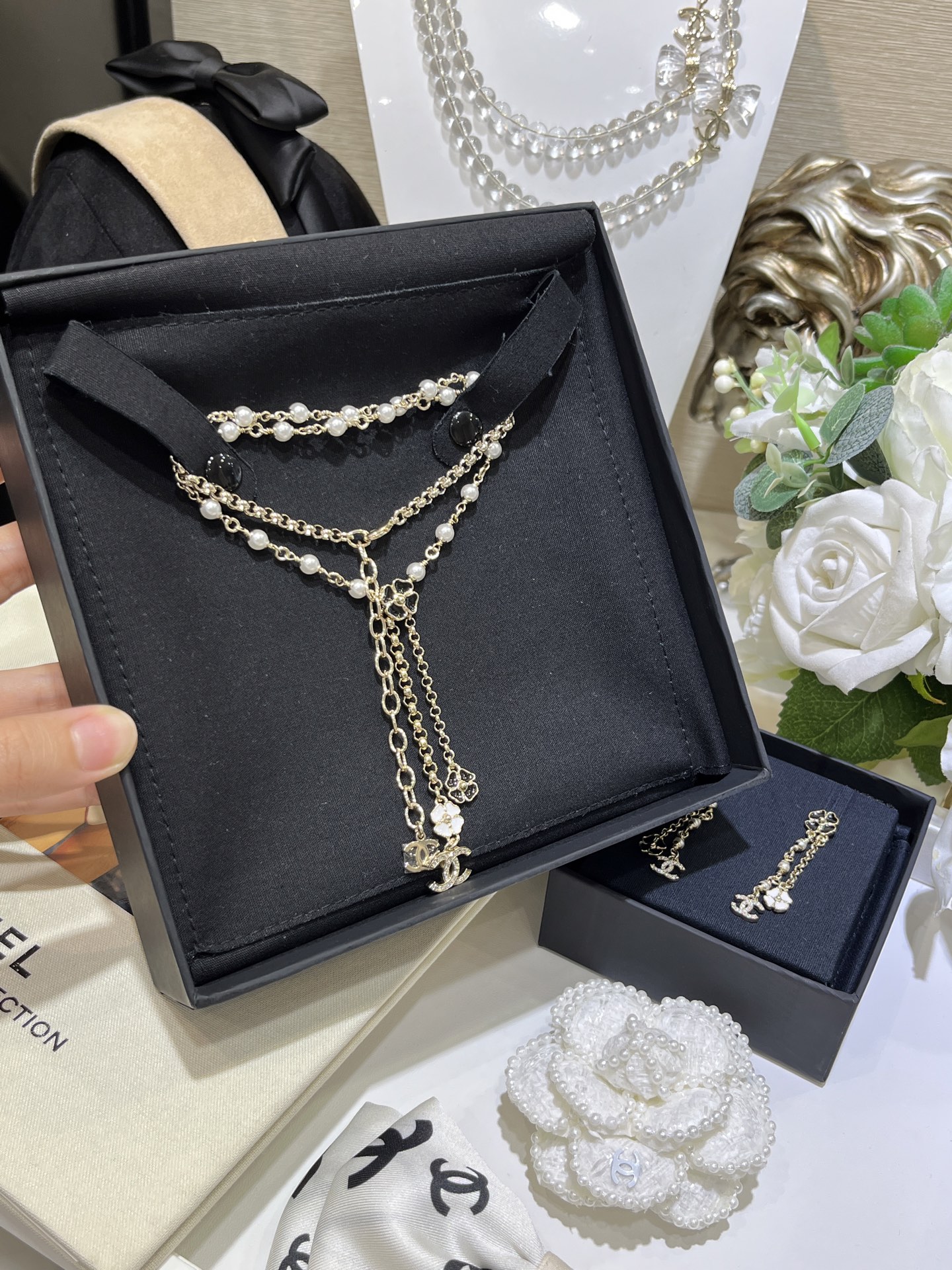 Chanel Black and White Camellia Tassel Drop Pearl Y Necklace - Original Replica Club