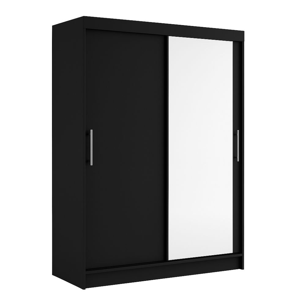 Armario moderno con puertas corredizas, estructura de madera, color negro y espejo, almacenamiento eficiente para el hogar