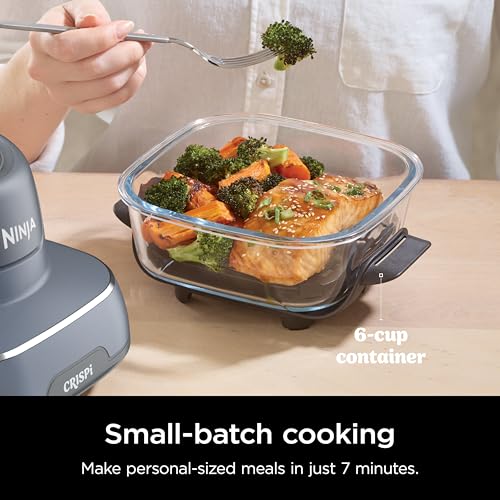 4 in 1 Portable Glass Air Fryer Cooking System, 4QT & 6 Cup Glass Containers with Storage Lids, Easy Meals, Microwave, Freezer & Dishwasher Safe, Air Fry, Bake & More, Cyberspace, FN101GY