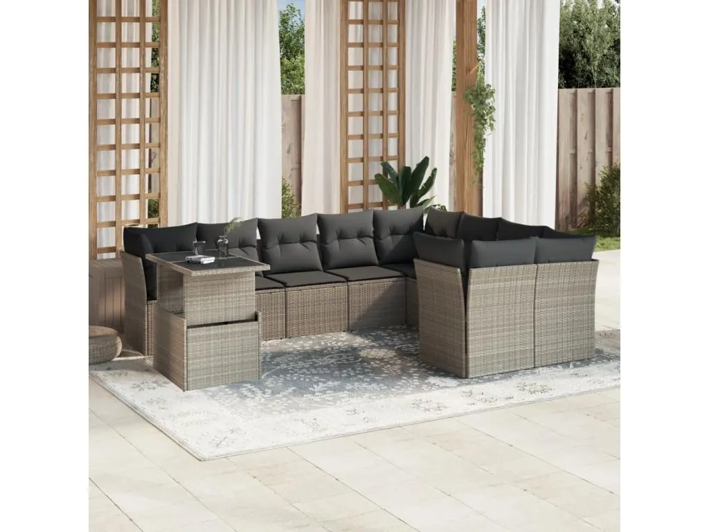 Set sofás jardín 10 pzas con cojines ratán sintético gris claro