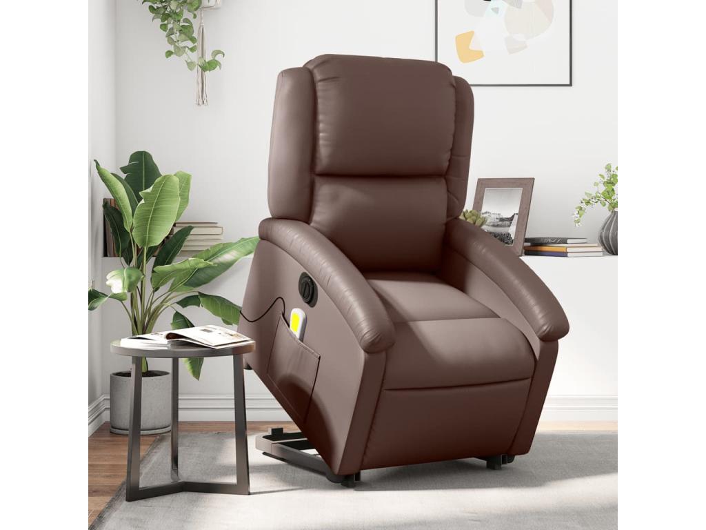Sillón de masaje elevable eléctrico cuero sintético marrón