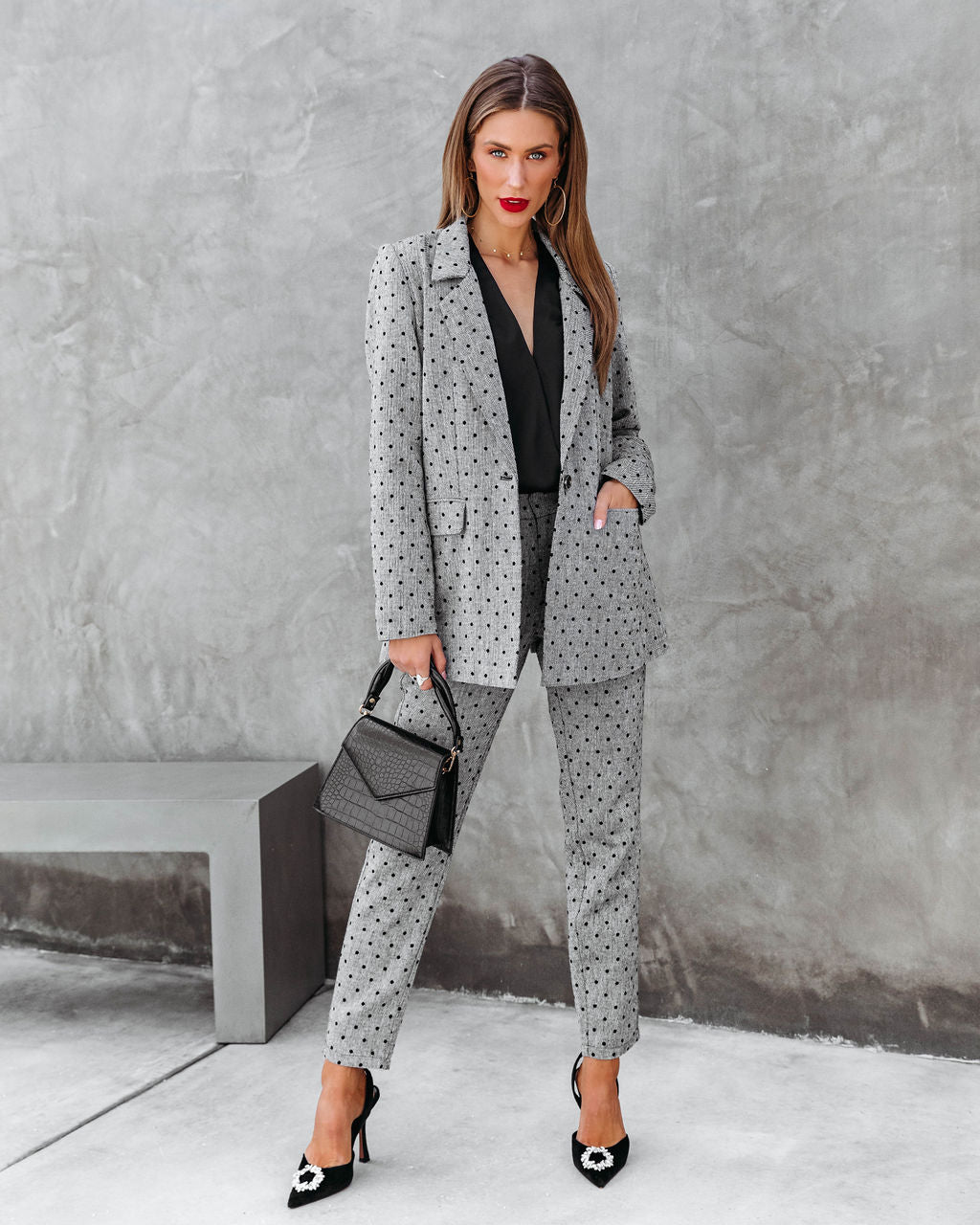 Serving Looks Polka Dot Pocketed Blazer - Grey - Se7enfashion