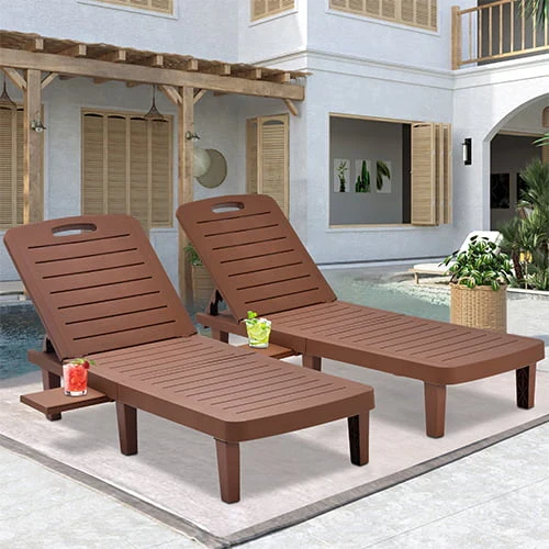 Patio Lounge Chair Set of 2, Adjustable Chaise with Side Table, Outdoor Lounger Recliner for Poolside, Patio, Backyard, Wood Texture Design | Waterproof | Easy to Assemble | Max Weight 330 lbs White