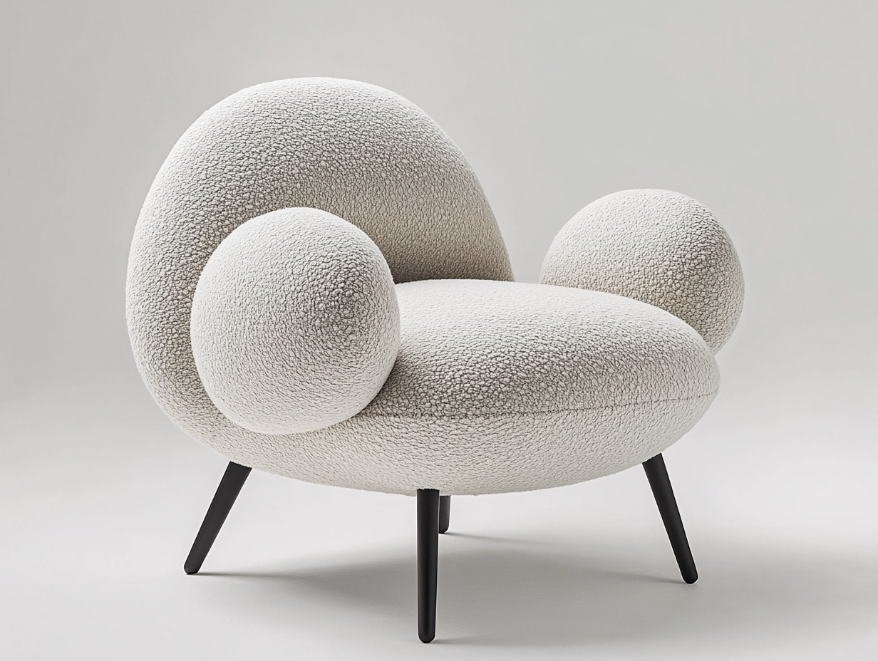 Sillón de tela bouclé gris claro con diseño redondeado y patas negras modernas