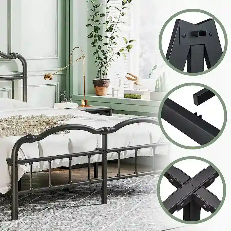 Sturdy 18-Inch High Steel Tube Iron Bed with Double Wave Headboard and Footboard