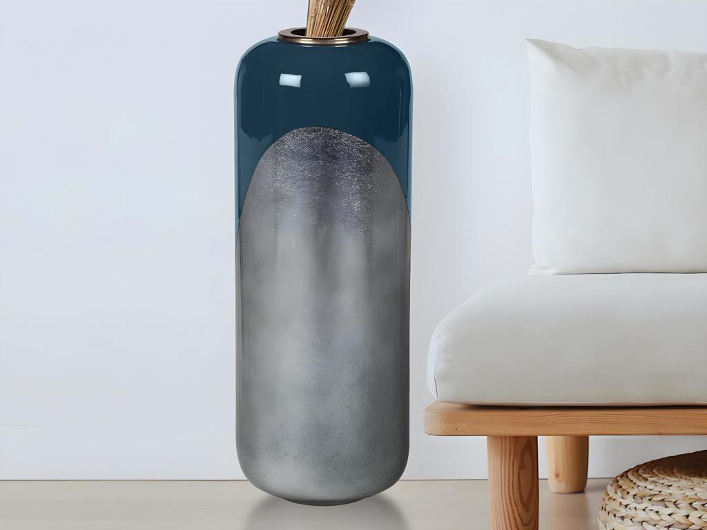 Gran jarrón de metal esmaltado - D. 30 x Alt. 82 cm - Negro y hoja plateada - PERLIN