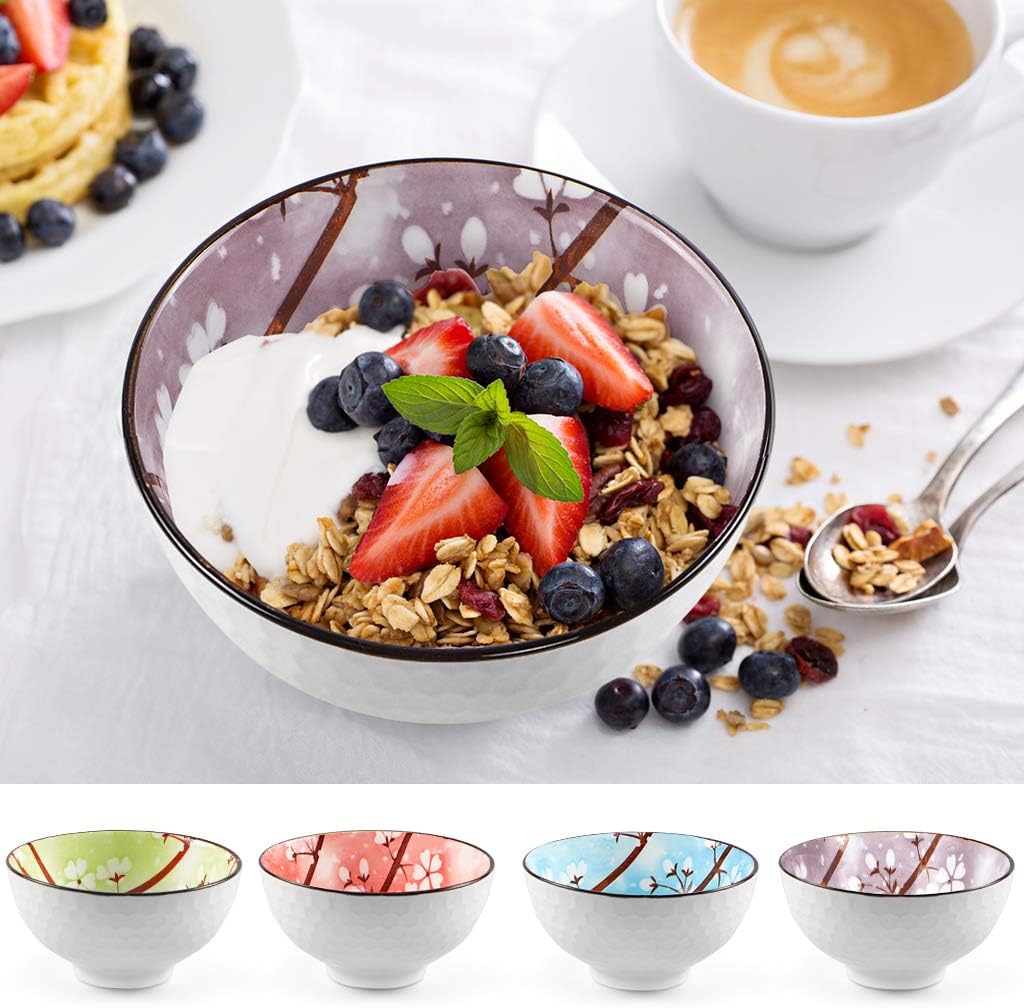 Ceramic Rice Bowls 10 oz, Sakura Bowl Gift Set, Assorted Color Dinnerware Serving Bowls for Rice, Cereal, Noodle, Soup, Desserts, Pack of 4 (Cherry Blossom)