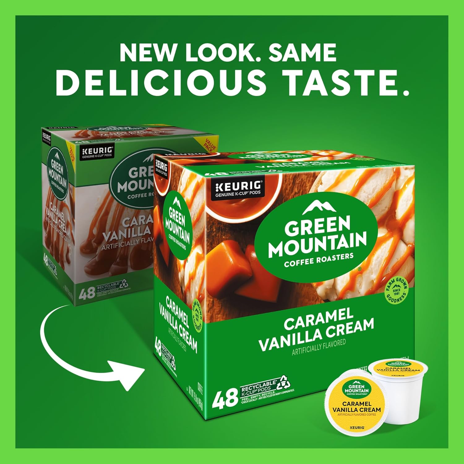 Green Mountain Coffee Roasters Caramel Vanilla Cream. Single-Serve Keurig K-Cup Pods. Flavored Light Roast Coffee Pods. 48 Count
