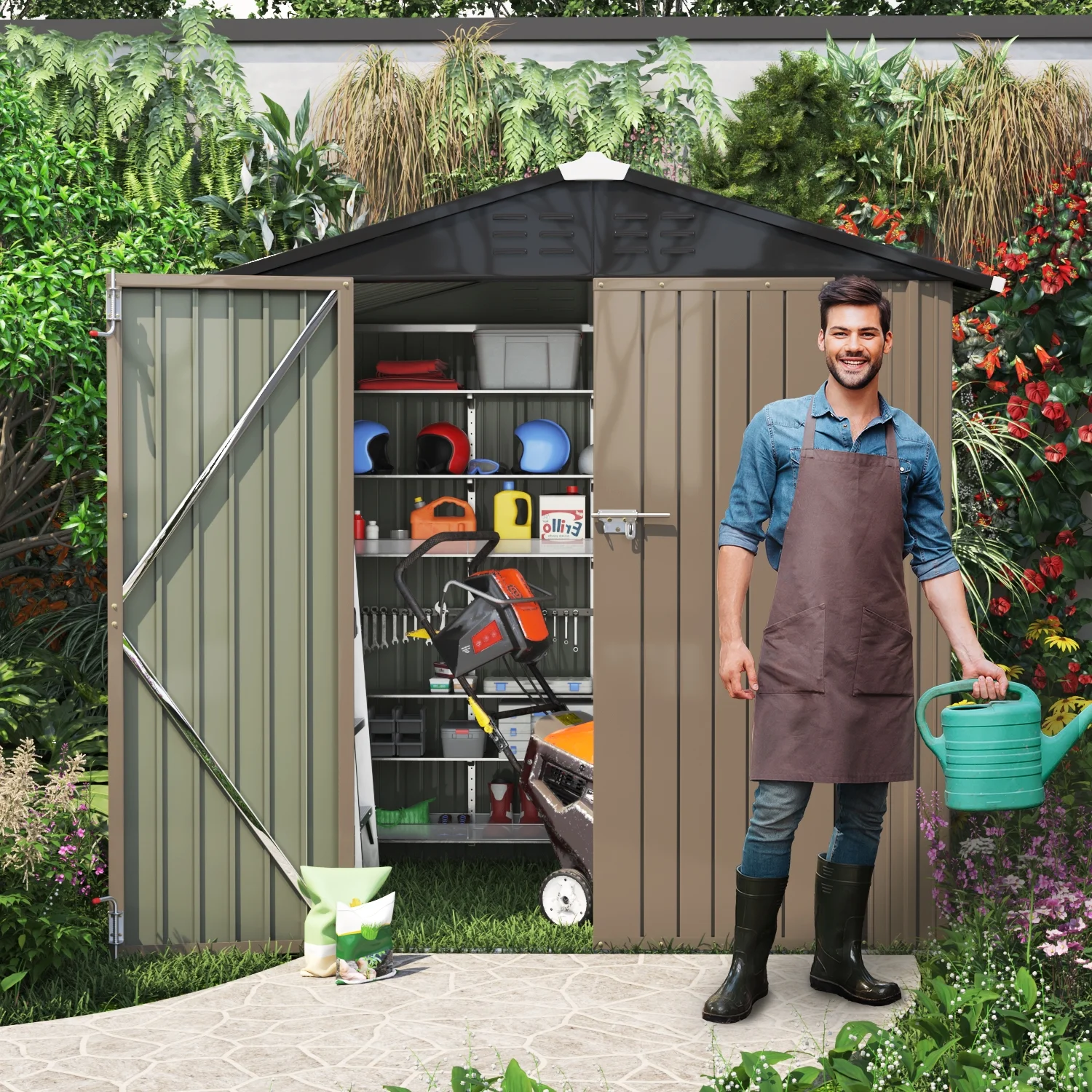 LACOO 4' x 6' Outdoor Storage Metal Shed for Tool Storage, Outdoor House for Backyard & Garden,Brown - Image 9