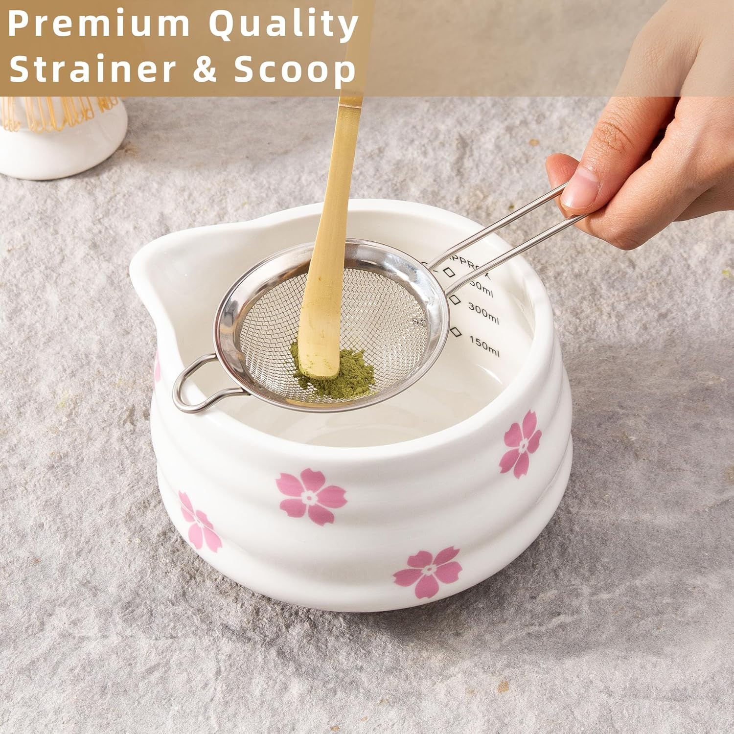 9pcs Premium Matcha Set,Ceramic Bowl with Spout and Bamboo Whisk set, Ceremonical Matcha Kit for breakfast/latte,Tea Starter Making Kit, Unique Christmas/Valentine Gift (Sakura 9pcs)
