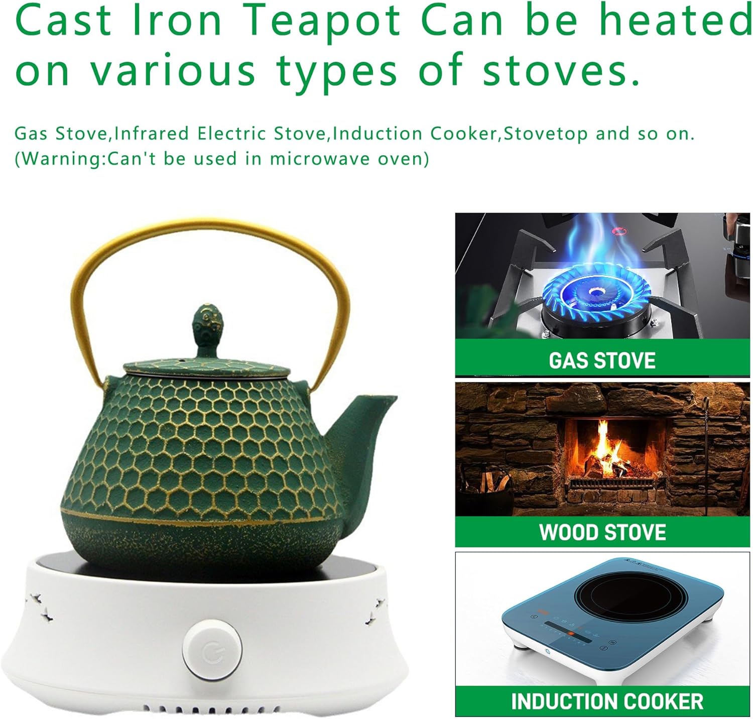 YJX Cast Iron Teapot and Cups Set, 33.8oz Hexagon Pattern Tea Pot Enameled Interior, Tea Kettle for Stovetop, Japanese Teapot Set with Teacups for Adults, Green Kettle with Infuser for Loose Leaf