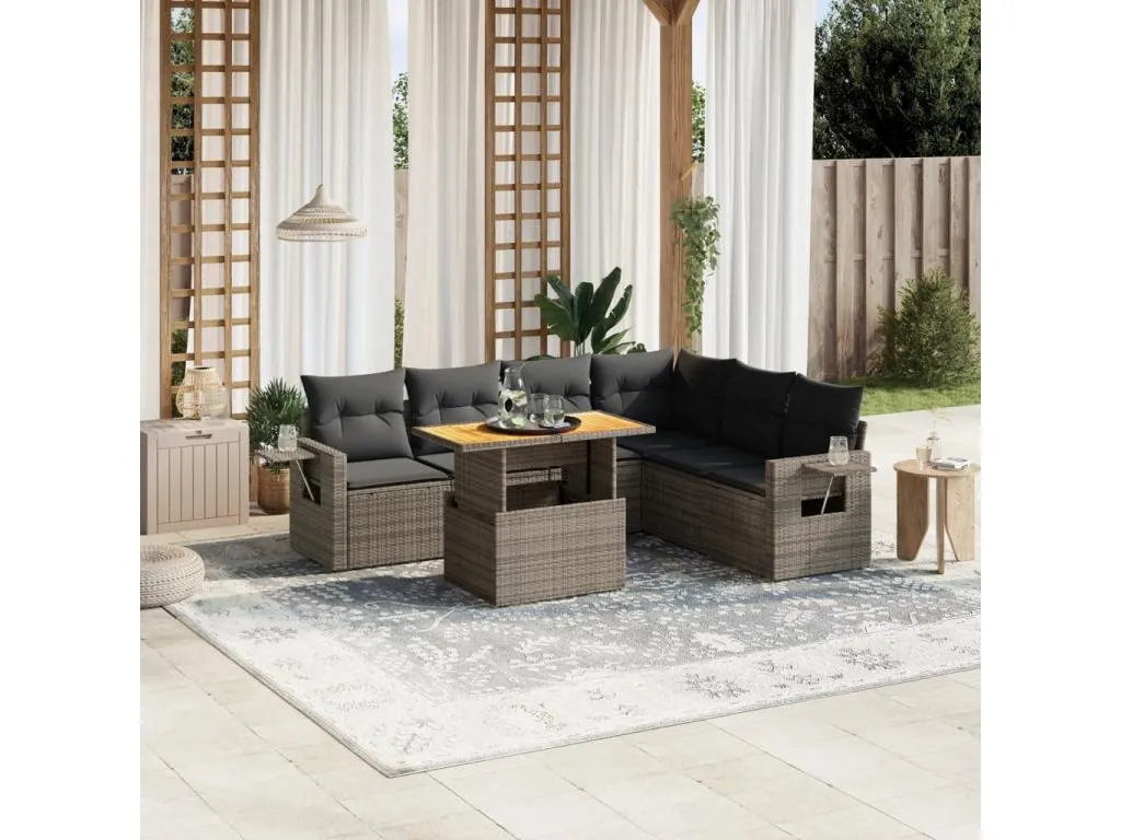 Set de sofás de jardín 7 piezas con cojines ratán PE gris XBUA25745