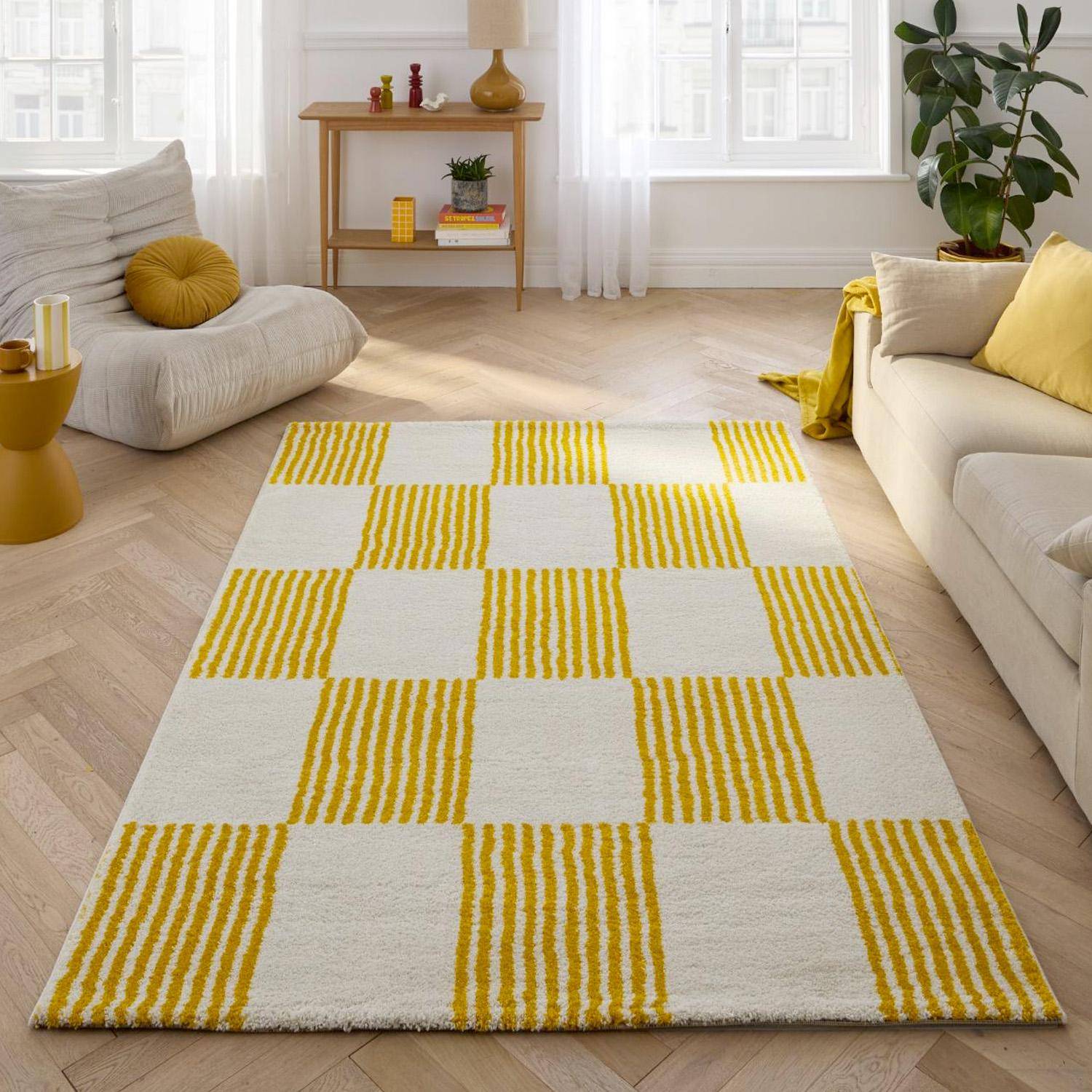 Fergew - Alfombra interior con motivo damero amarillo y blanco