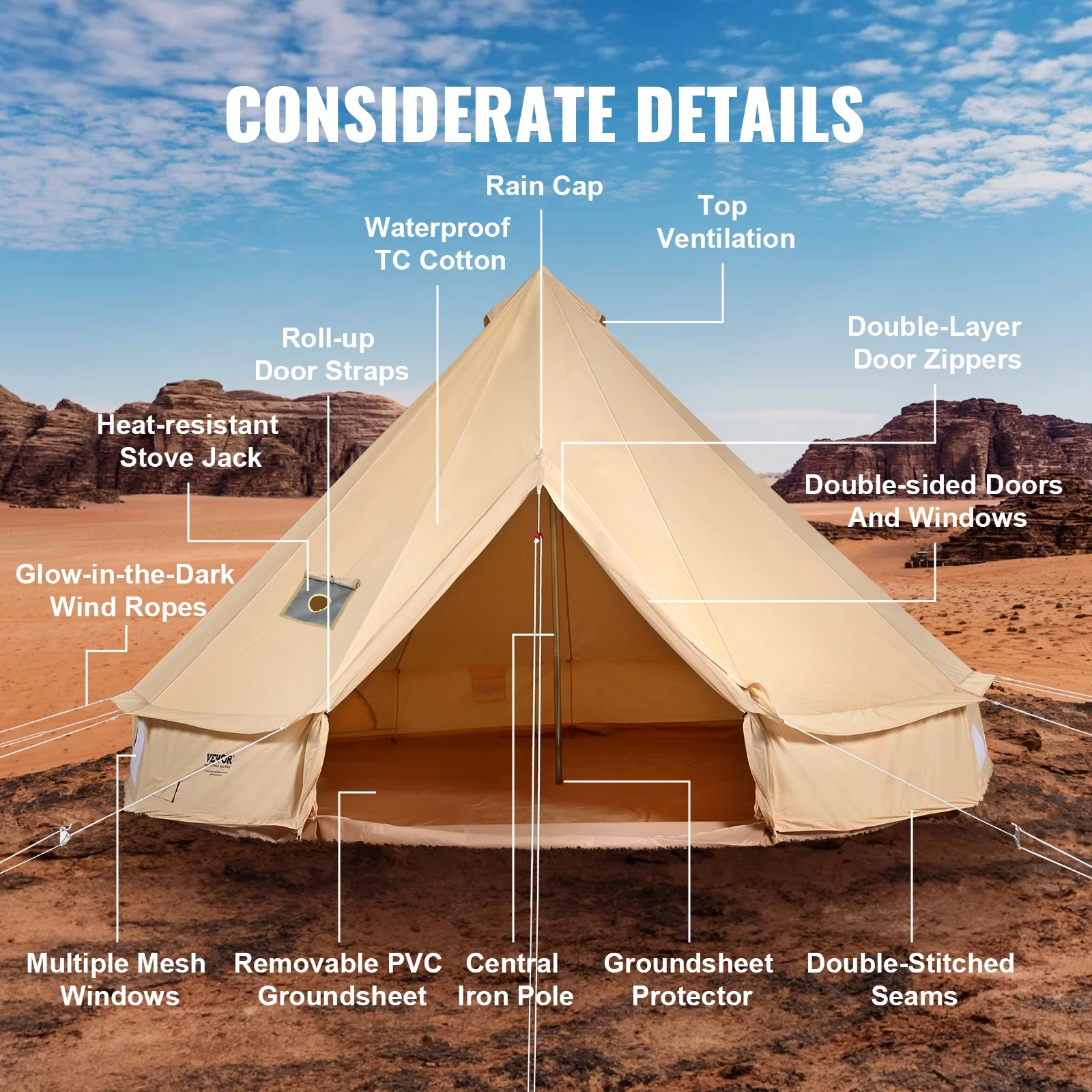 VEVOR Canvas Bell Tent, 4 Seasons 6 m/19.68 ft Yurt Tent, Canvas Tent for Camping with Stove Jack, Breathable Tent Holds up to 10 People, Family Camping Outdoor Hunting Party - Image 7