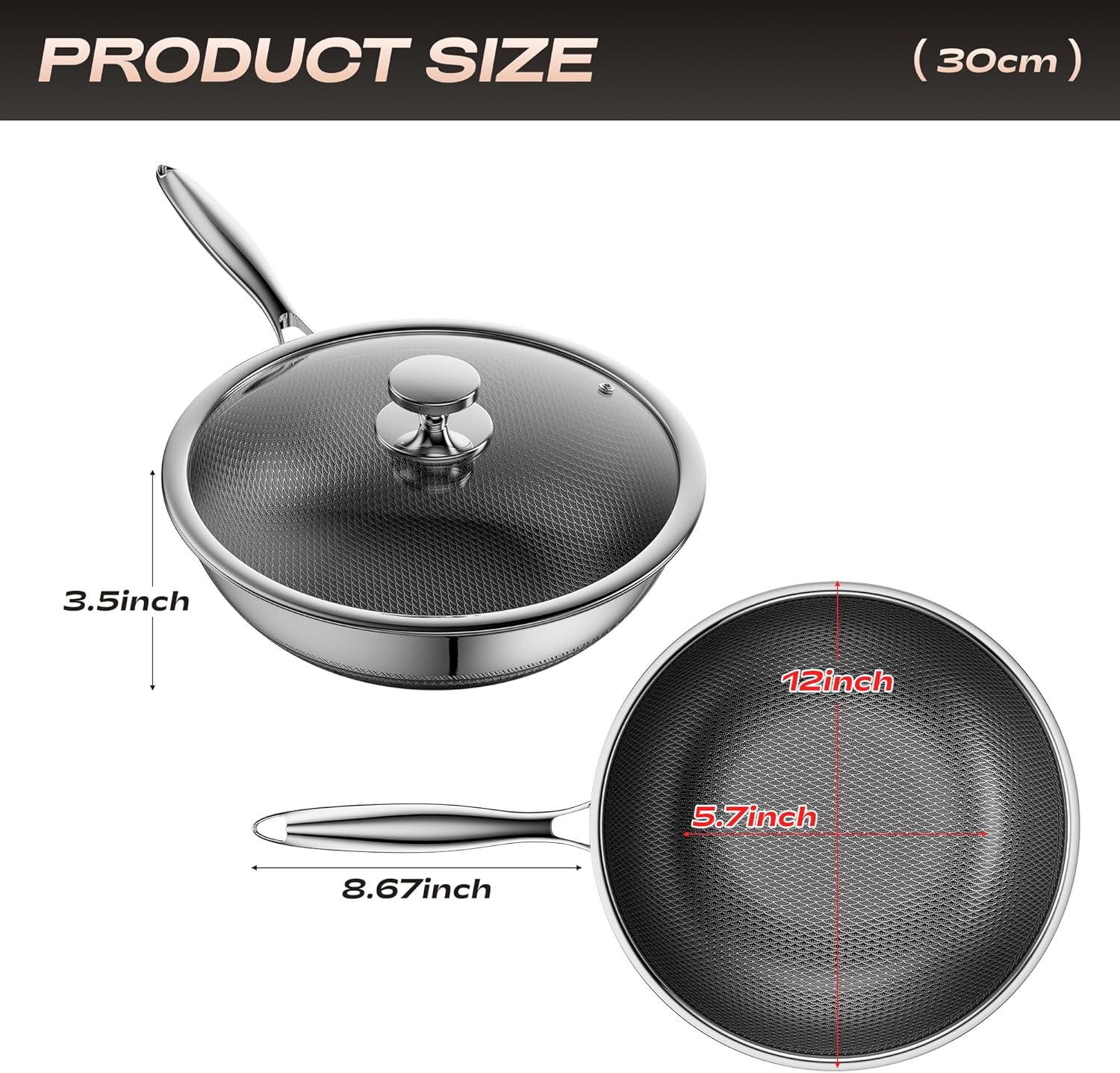 Wok,Hybrid 12-Inch Wok with Lid,Nonstick Stainless Steel Woks & Stir-fry pans,Dishwasher-Friendly,PFAS PFOA PTFE Free, Oven-Safe Up to 600°F,Compatible with All Cooktops