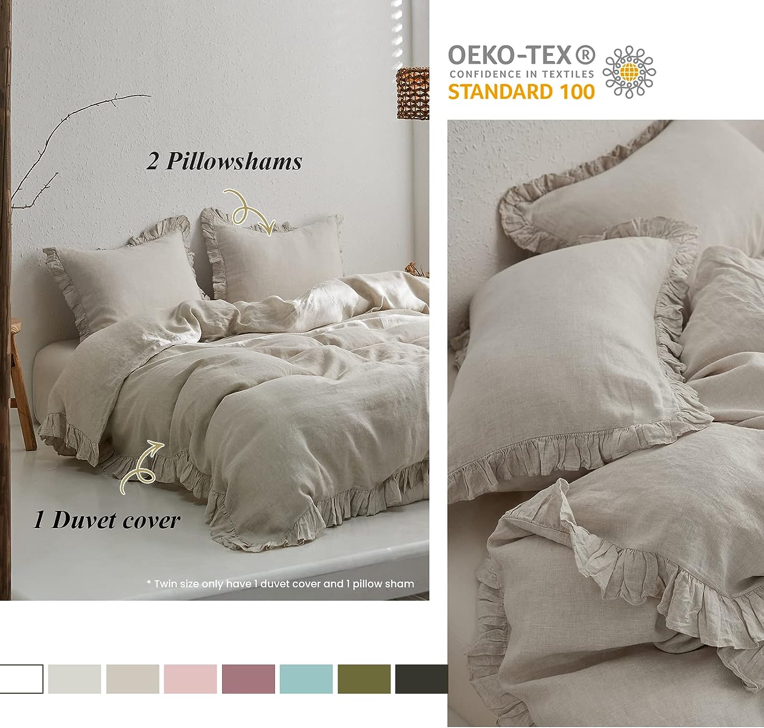 100% Washed French Linen Polyester Duvet Cover Set Premium Ruffled Farmhouse Bedding Natural Flax High End Frill Sets