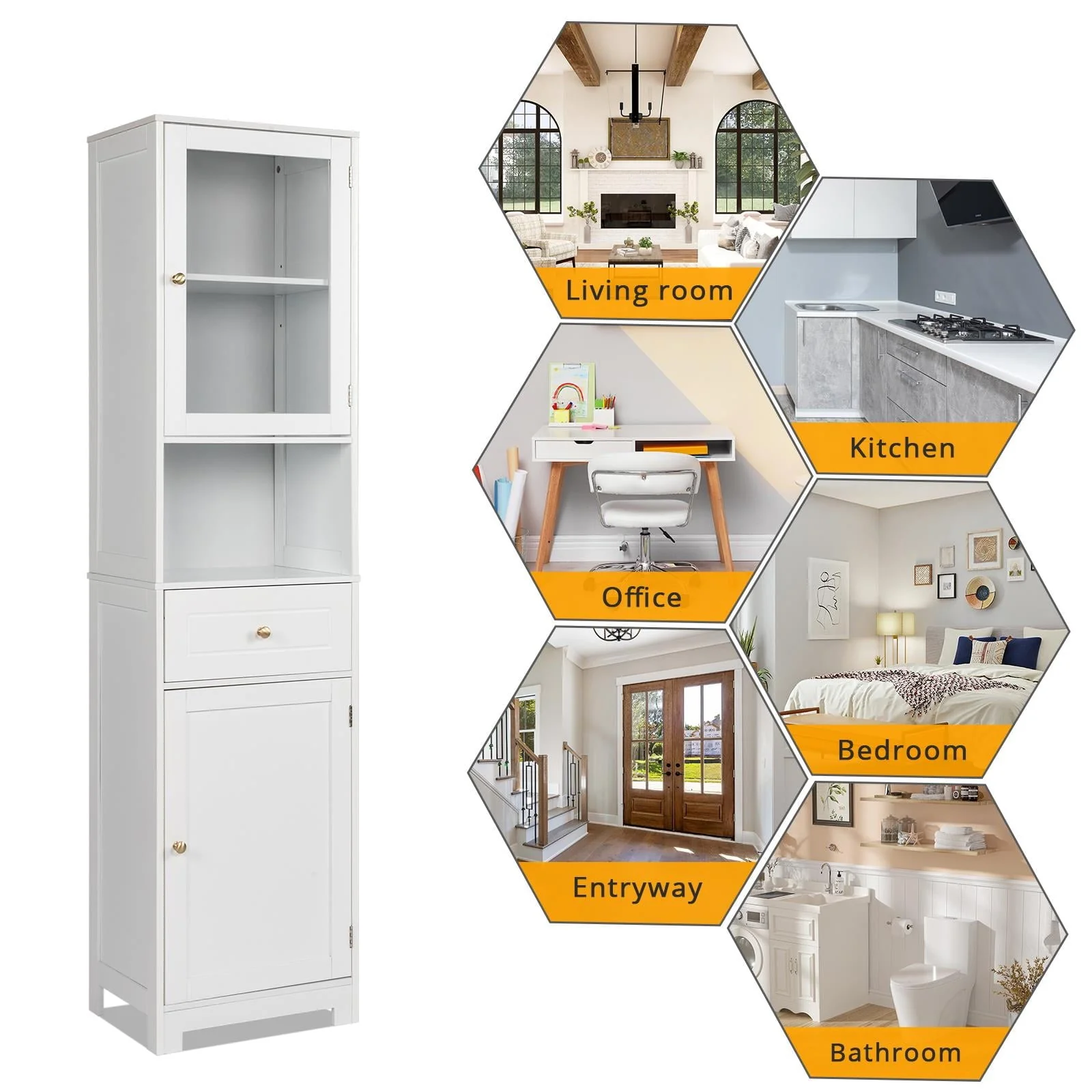 Ktaxon Large Bathroom Tall Storage Cabinet Organizer, Freestanding Line Tower Pantry Cabinet with Adjustable Shelves and 2 Cupboards for Kitchen Living Room Bedroom Office, 18"x13"x71", White - Image 5