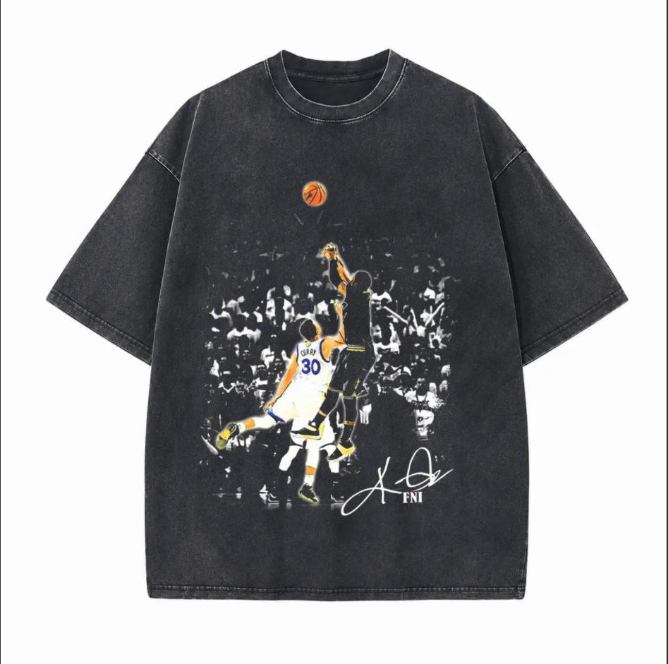 Retro Basketball Matchup Shot Printed Unisex Washed T-Shirt
