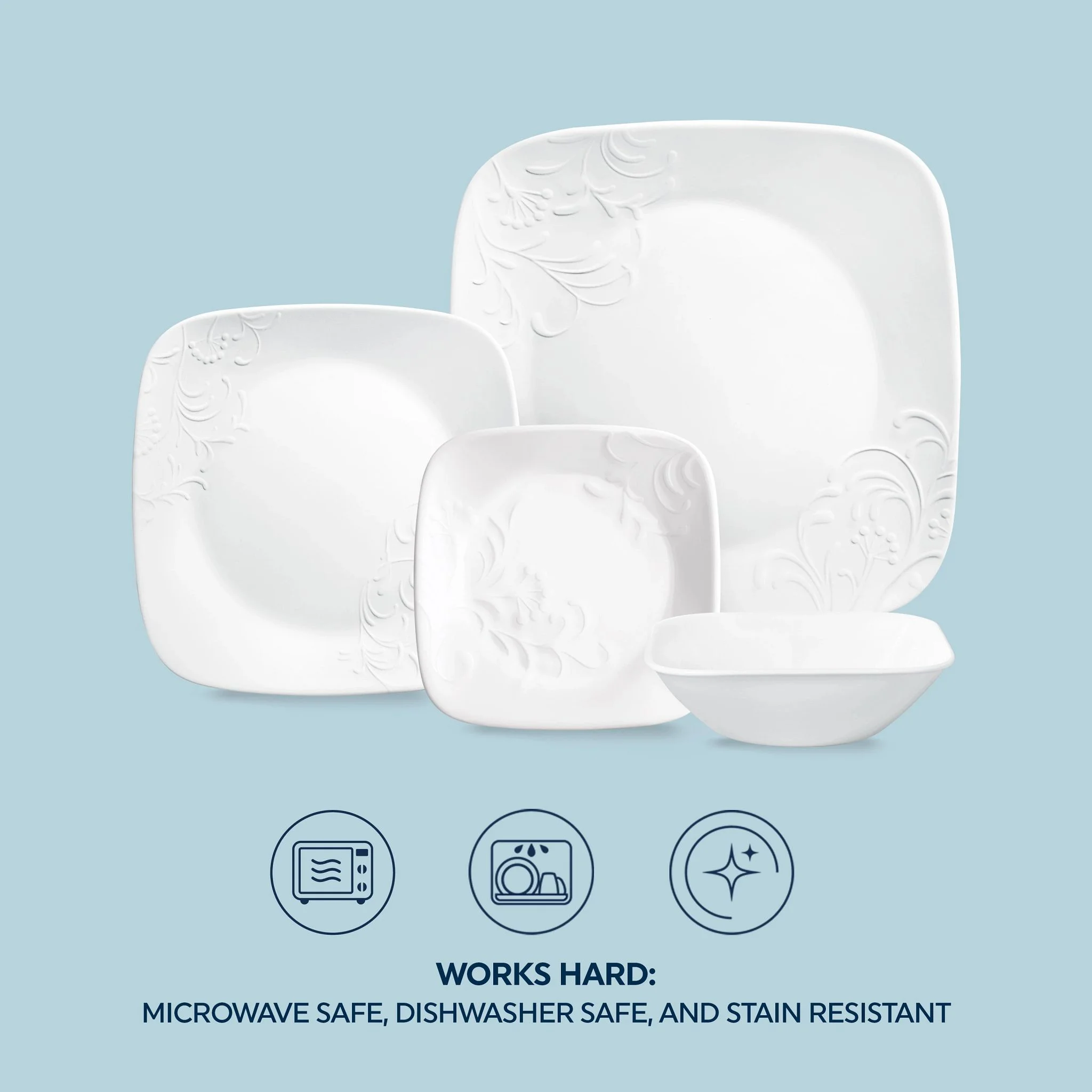 Corelle Cherish 16-Piece Embossed Square Glass Dinnerware Set (Service for 4) - Image 6