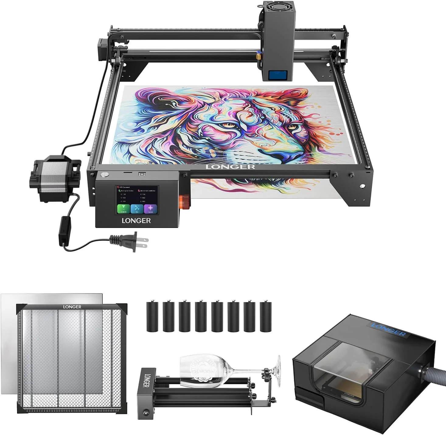 Longer RAY5 20W Laser Cutter and Laser Engraver for Tumblers, Rotary Roller Bundle, 17.3x 17.3 Working Bed, Enclosure with Vent, and Air Pump Laser Engraver for Wood and Metal, Acrylic