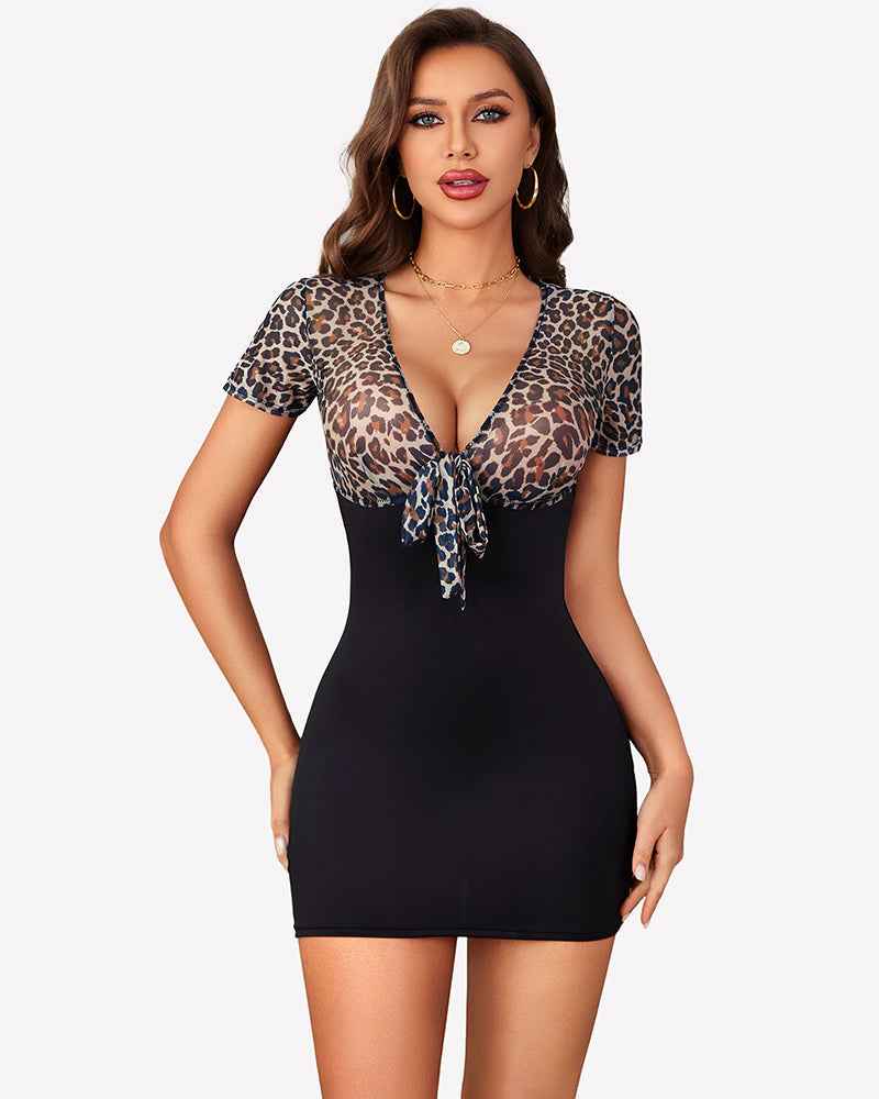 Sheer Mesh Bodycon Mini Dress Deep V Tie Front Club Party Dress