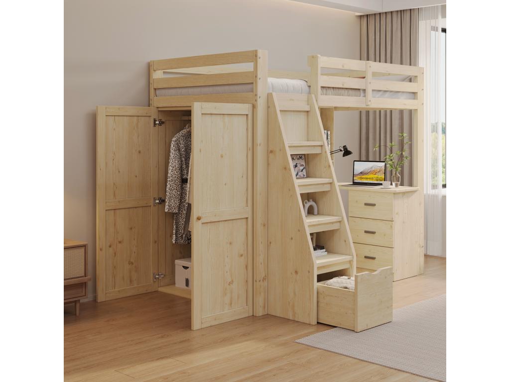 Cama 90 x 200 cm con armario y 1 cajón - Madera maciza y contrachapado y MDF - Somier de láminas - Cozovis sin colchón