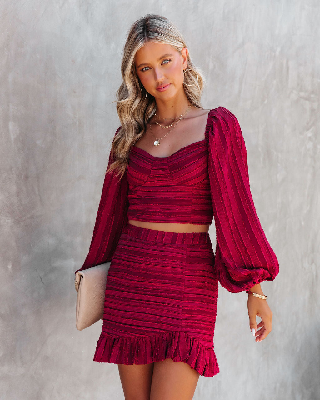 Scarlett Textured Balloon Sleeve Crop Top - Burgundy - FINAL SALE - Se7enfashion