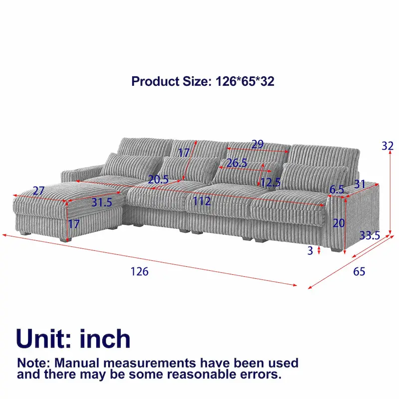 126W Large L-Shaped Corduroy Sofa with USB Charging Port