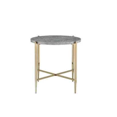 Gray and Gold End Table with Oval Marble Top and X-Shaped Base