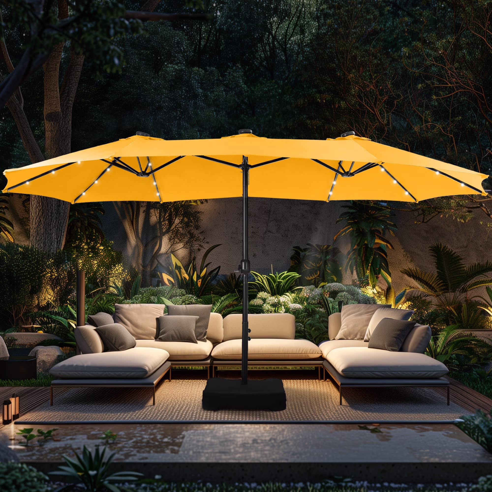 Alpha Joy 15ft Extra Large Outdoor Patio Double-Sided Umbrella with LED Solar Lights & Umbrella Base, Beige - Image 20