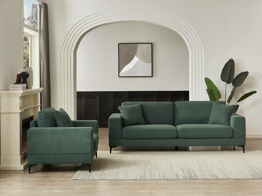 Sofá de 3 plazas y sillón de tela texturizada verde JAMOLO
