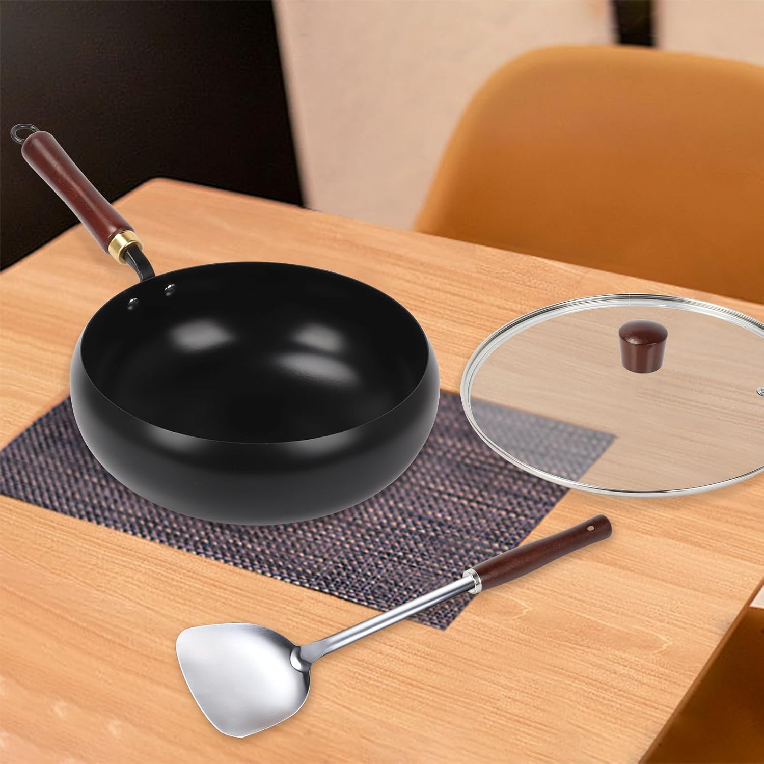Suntuup Japanese Iron Pan, 11.02 Inch Uncoated Thick Iron Pot Hand-Forged Non-Stick Flat Bottom Pan with Glass Lid and Shovel for Induction, Electric, Gas