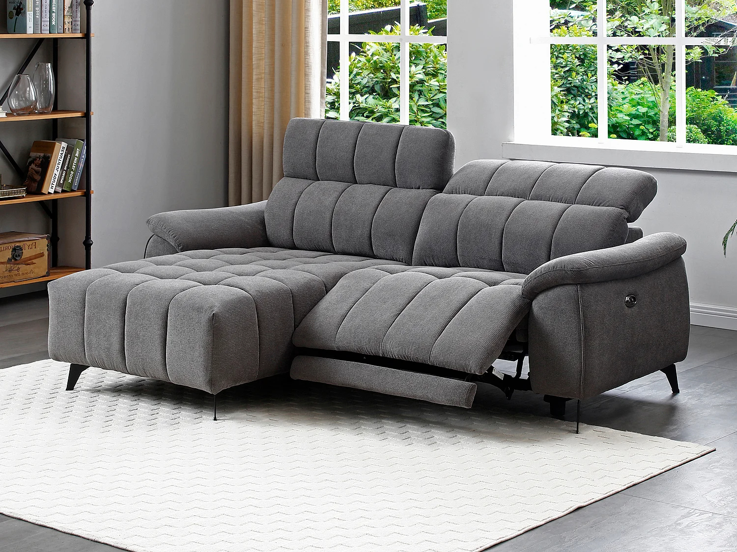 Sofá rinconera derecha relax eléctrico en tela texturizada beige CELTIMO