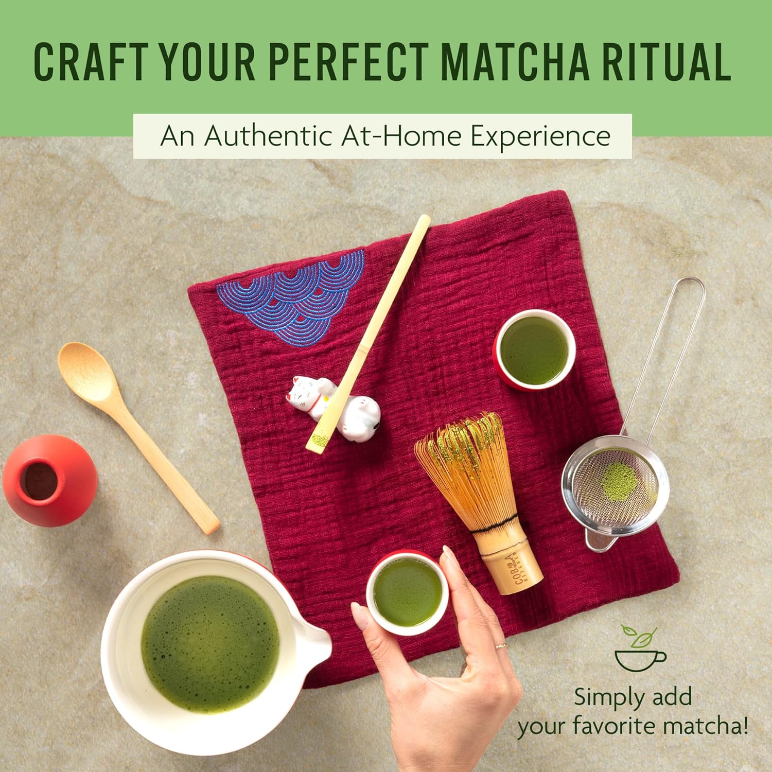 Lucky Red Matcha Tea Set – Japanese Matcha Kit with Bamboo Whisk, Sieve, Scoop, Cups & Ceramic Bowl – Red Matcha Ceremonial Set – Authentic Gift Set & Accessories for Smooth, Frothy Tea. 2 cups