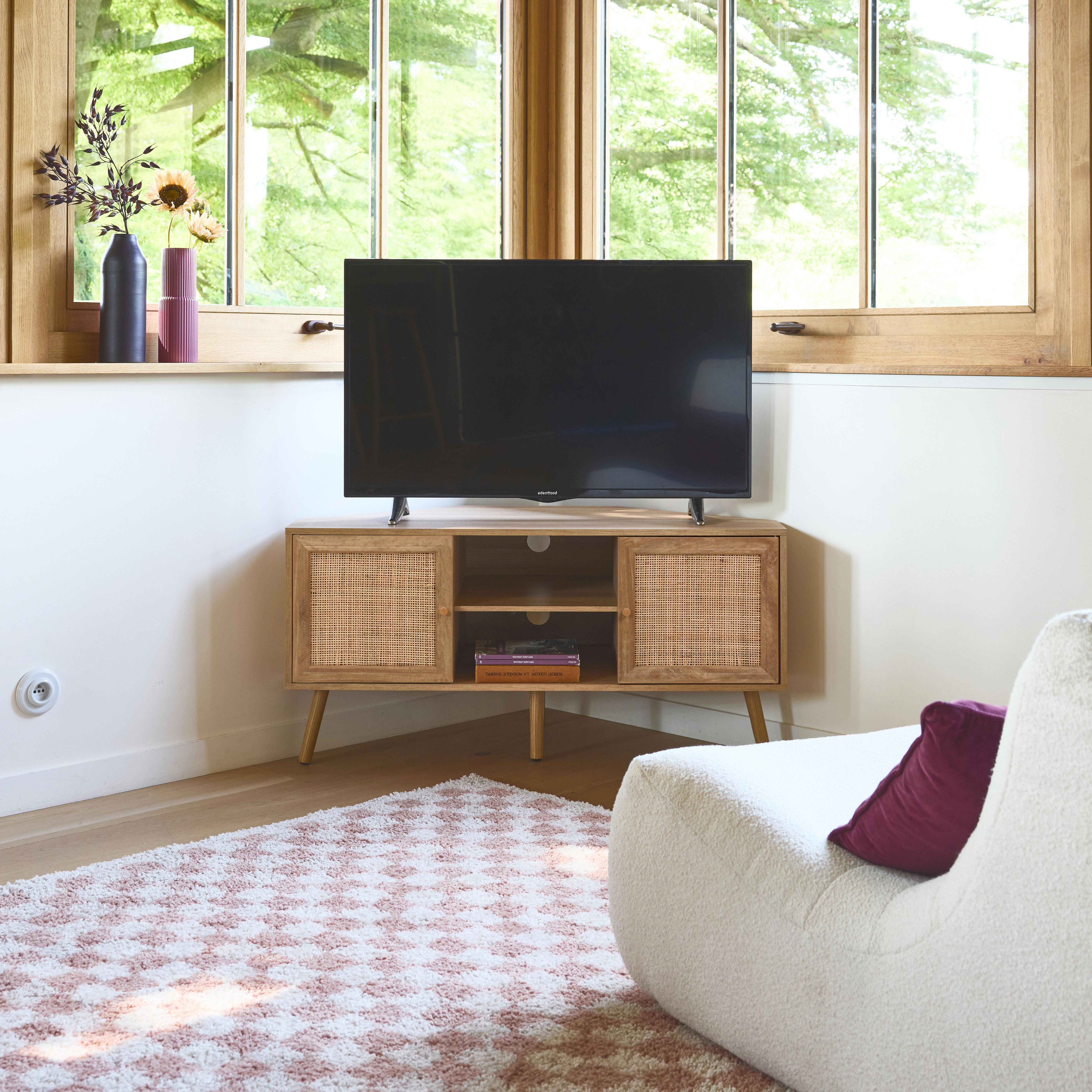 Boheme - Mueble TV esquinero, madera y caña, 2 puertas, 1 estante, 115cm