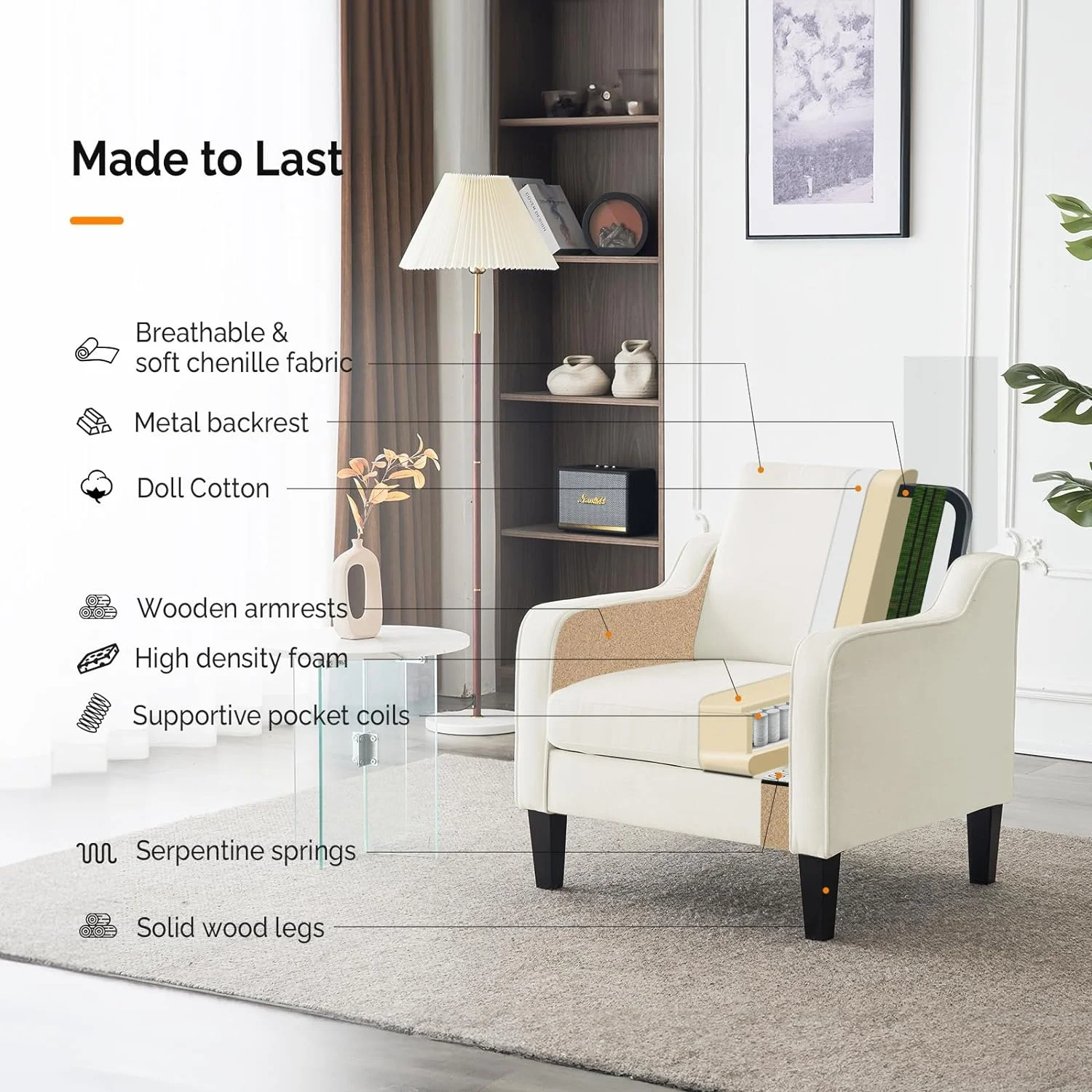 VINGLI Mid Century Modern Chenille Comfy Armchair, Creamy White - Image 5