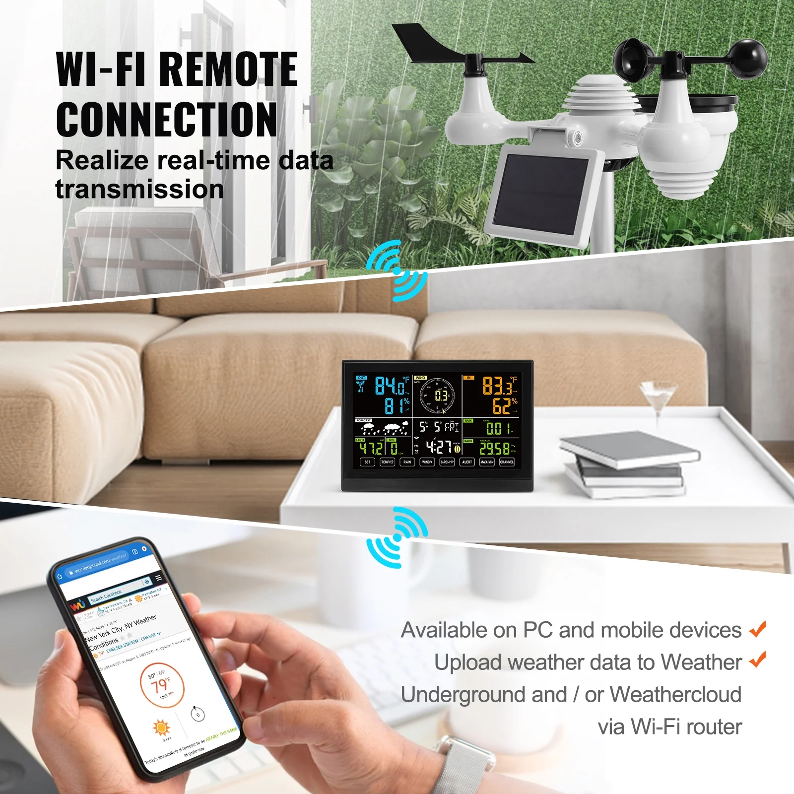 BENTISM 7 in 1 Wi-Fi Wireless Weather Station, for Indoor and Outdoor Temperature and Humidity, Wind Speed/Direction, Rainfall, with Built-in Barometer and 7.5in Digital Color Display - Image 3