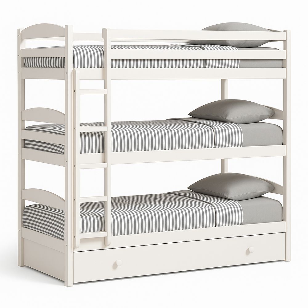 Cama literas triple de madera, camas para niños, diseño moderno, color blanco, con cajón de almacenamiento, estructura resistente, tamaño individual