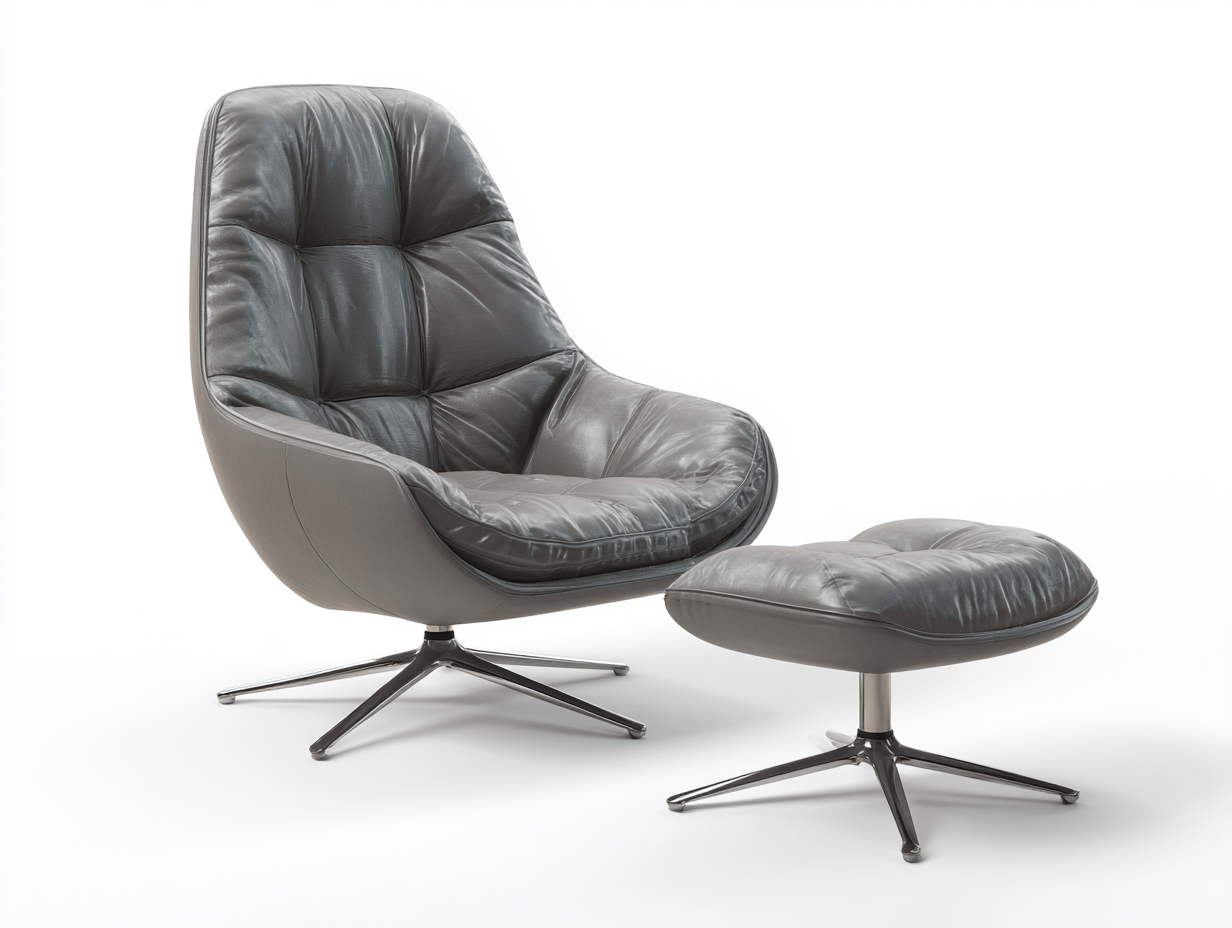 Sillón giratorio con reposapiés – cuero sintético gris – base metálica estilo moderno