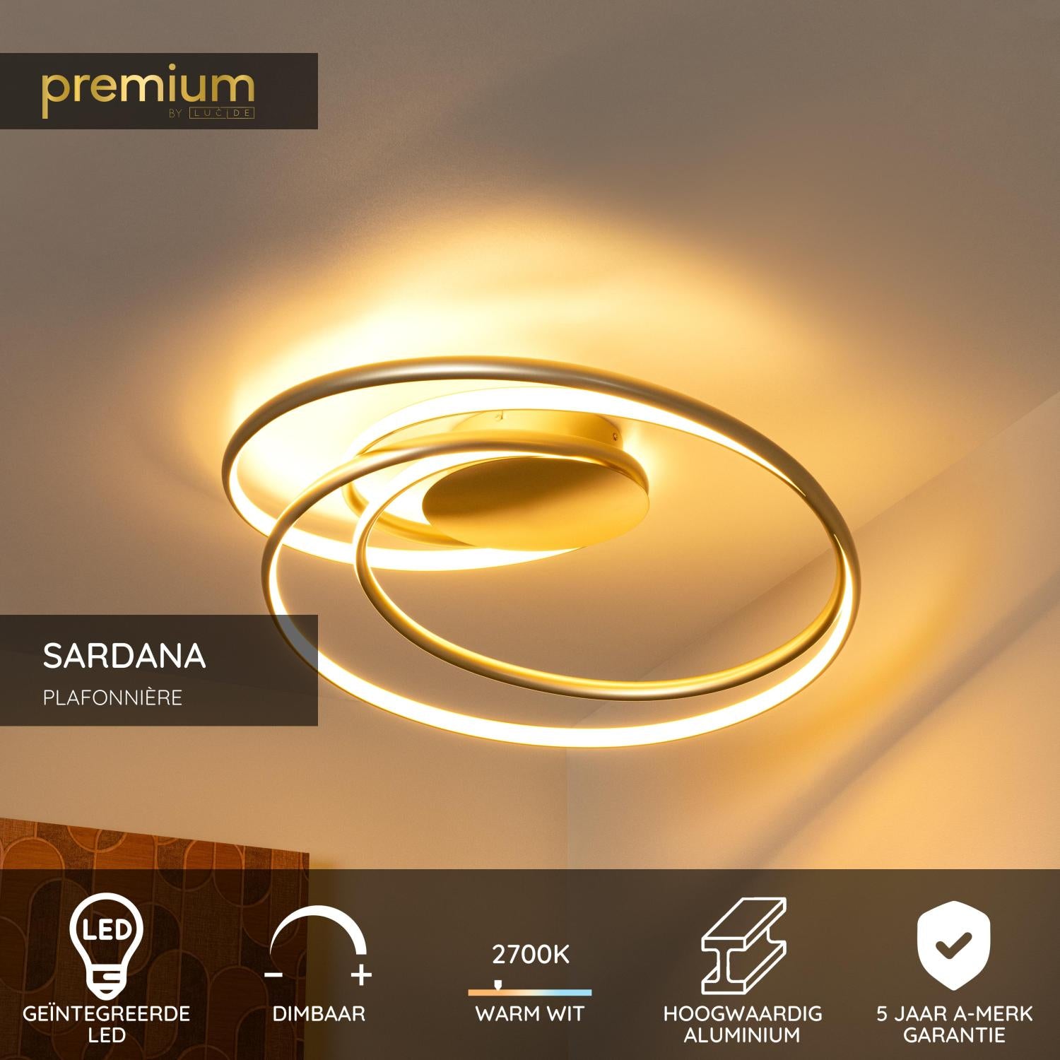 Lucide Premium SARDANA Plafonnière - Mat Goud   Messing