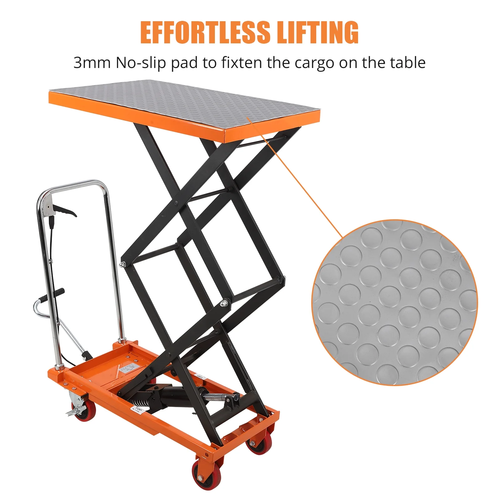 Hydraulic Lift Table Cart - 770 lbs Capacity, Adjustable Up to 59" Lifting Height, Manual Double Scissor Lift Table with 4 Wheels & 3mm Non-Slip Pads for Safe Material Handling & Transport, Orange - Image 3
