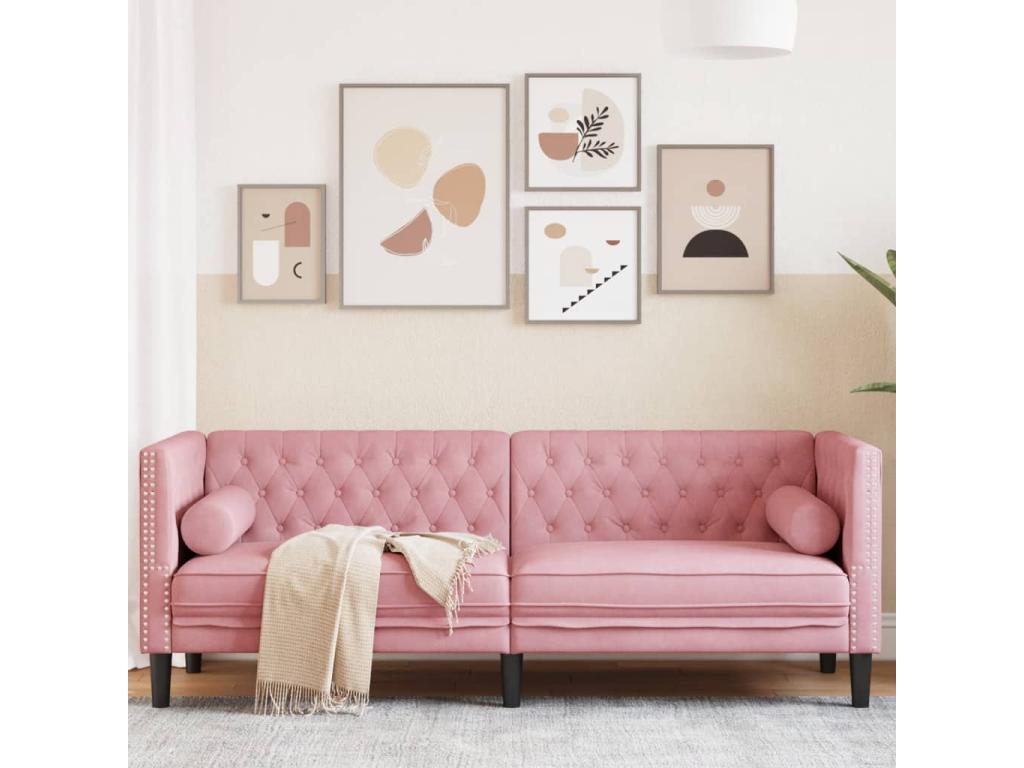 Sofá 3 plazas con cojines terciopelo rosa