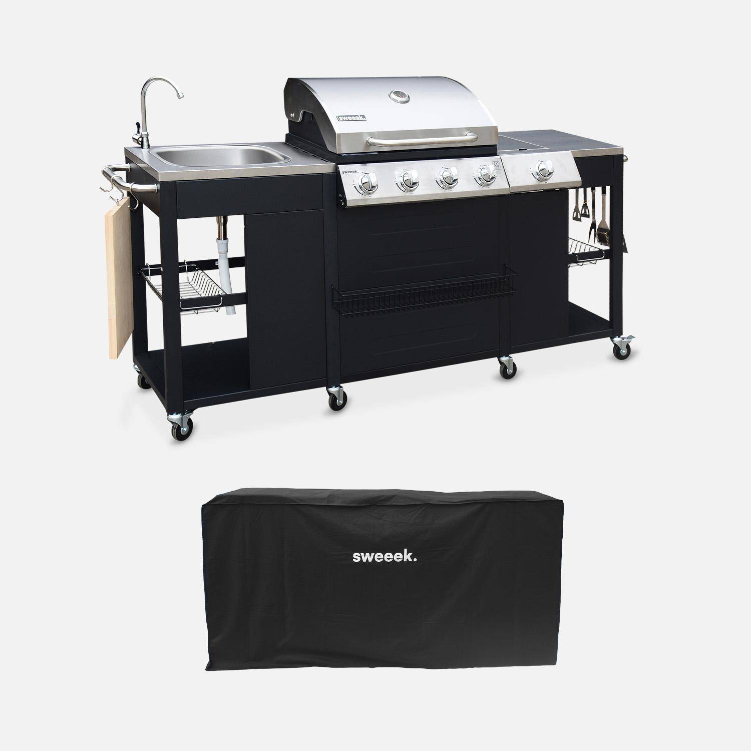 D'Artagnan con funda - Barbacoa de gas con 4 quemadores + 1 fuego lateral, cocina exterior con fregadero y funda