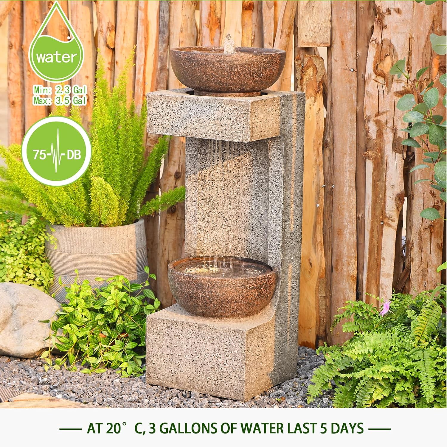 Water Fountain Modern Tiered Outdoor Fountain with Lights and Stone Planter for Garden, Patio, Backyard, Deck, Porch and Home Art Decor - Image 3