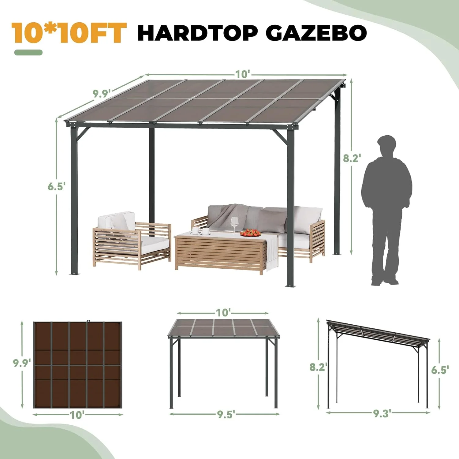 10x8 Pergola Patio Gazebo, Hardtop Outdoor Gazebo with Roof for Backyard, Decks, Garden - Image 8