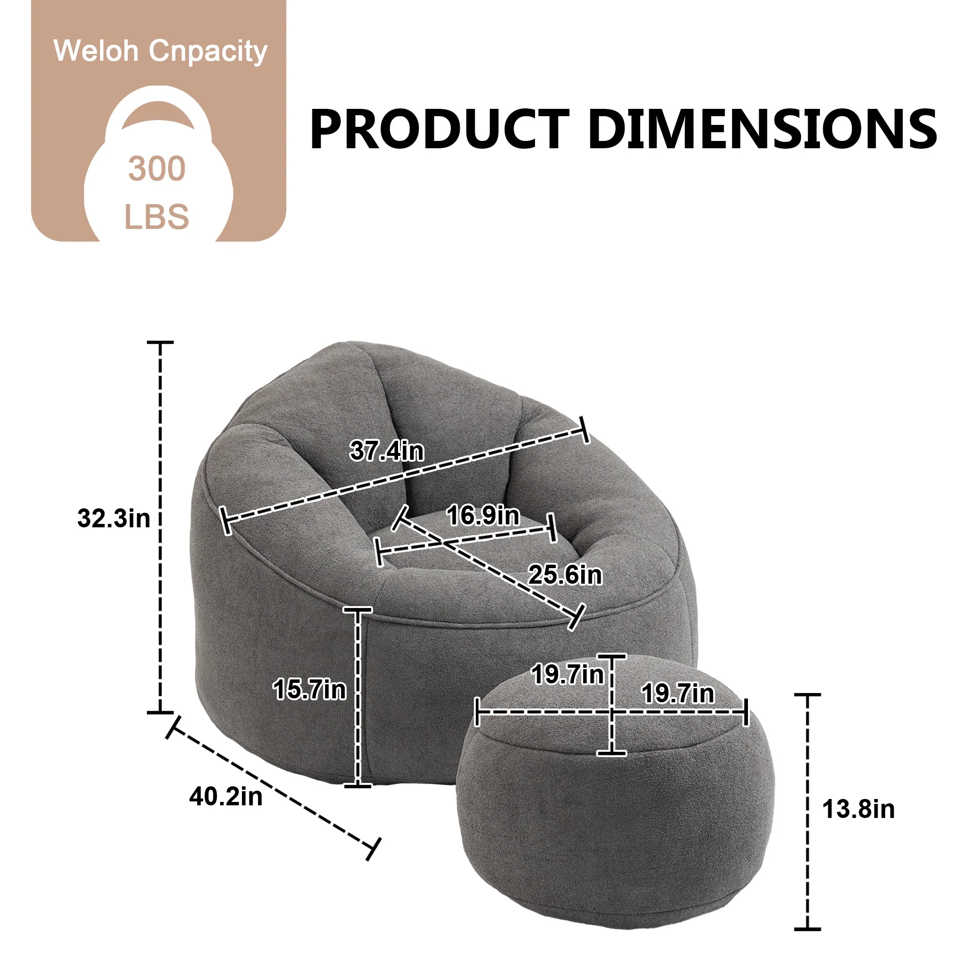 MOONMISS Microfiber Upholstered High Pressure Foam Round Lazy Bean Bag Sofa Chair with Ottoman-Gray - Image 10