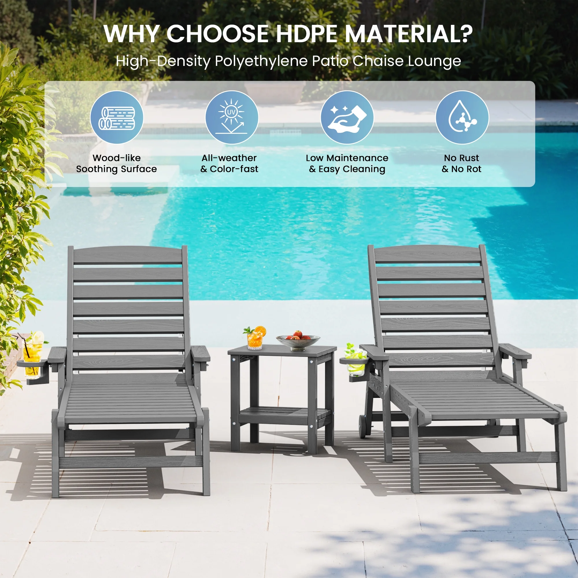 SERWALL Patio Chaise Lounge Chair, 78'' HDPE Outdoor Lounge Chair 5 Positions Pool Lounger Navy Blue - Image 75